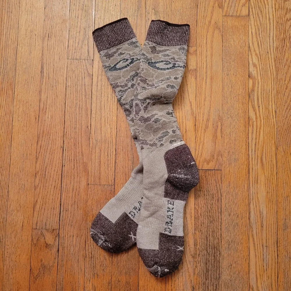NEW Drake XL Over Calf Socks Brown Camo Reinforced Heel Toe Waterfowl Hunting